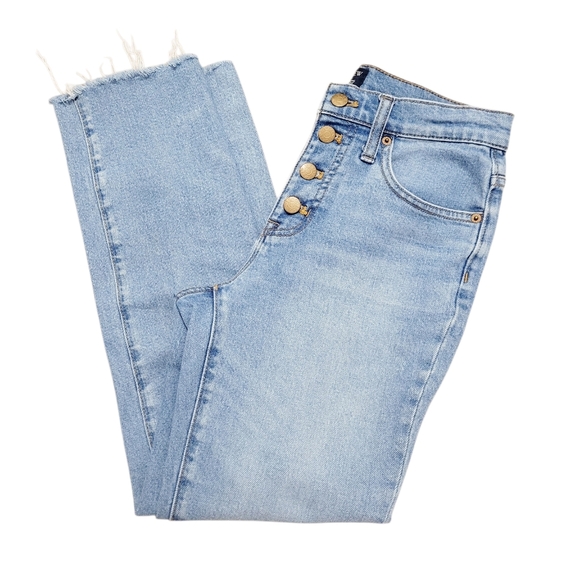 J. Crew Denim - J.Crew Essential Straight Jeans Womens 25 Light Wash Button Fly Raw Hem Stretch